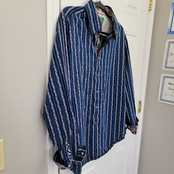 Robert Graham Flip Cuff Shirt Blue Striped Button Guitars Rock & Roll Mens Large - Picture 4 of 14